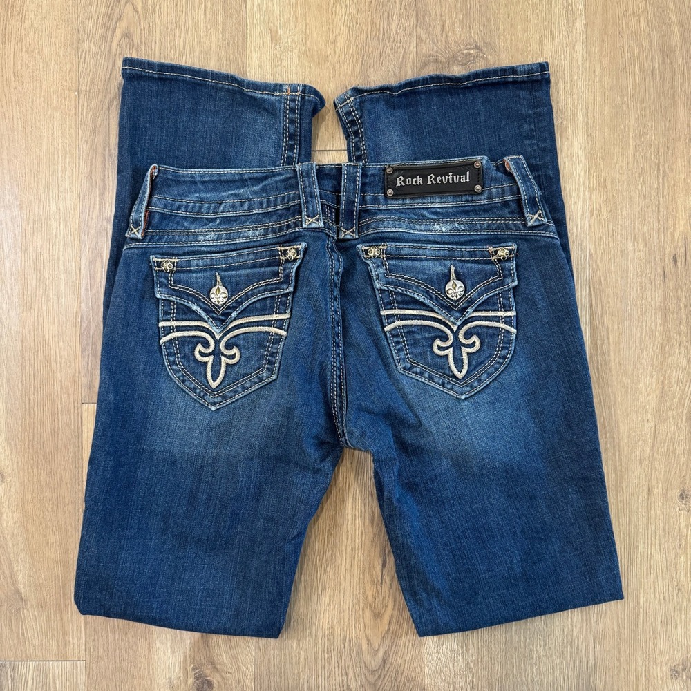 Rock Revival Gwen Easy Boot Jeans Dark Wash Embroidered Flap Pocket Womens 28